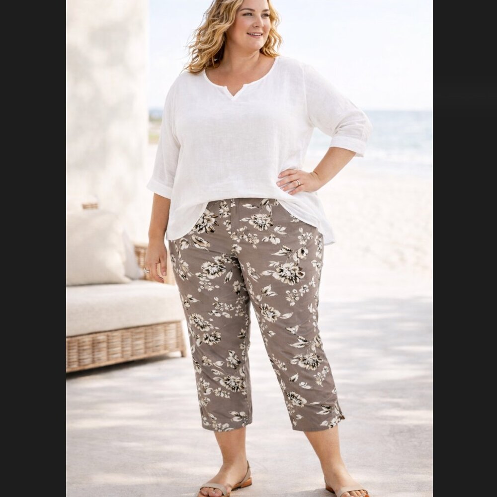 J. Jill Bi Stretch Capri Pants 26W Taupe Floral Pull On Slim Crop Pockets FLAW
